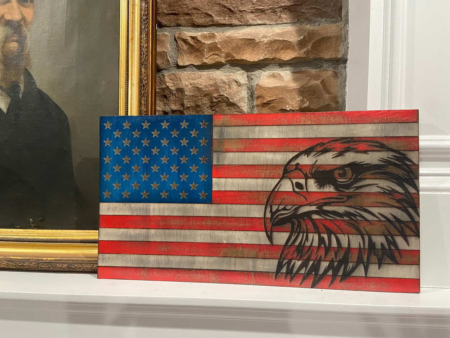 U.S. American Flag - Engraved American Bald Eagle Wooden Flag