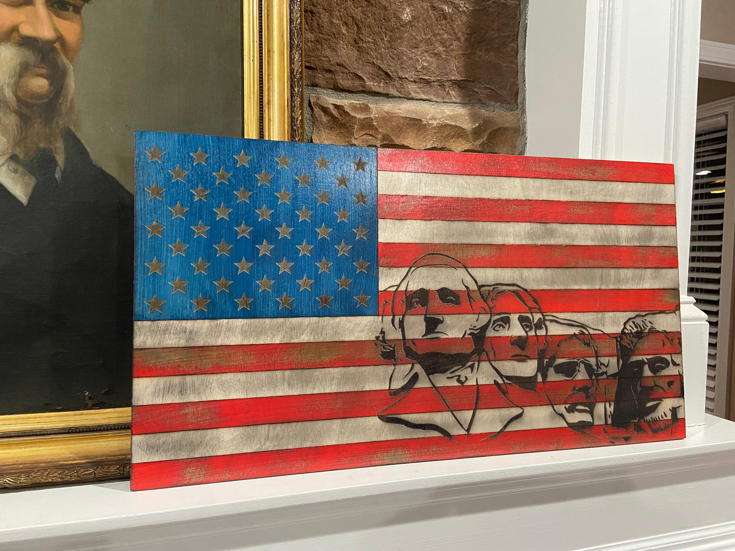 U.S. American Flag - Engraved Mount Rushmore Wooden Flag