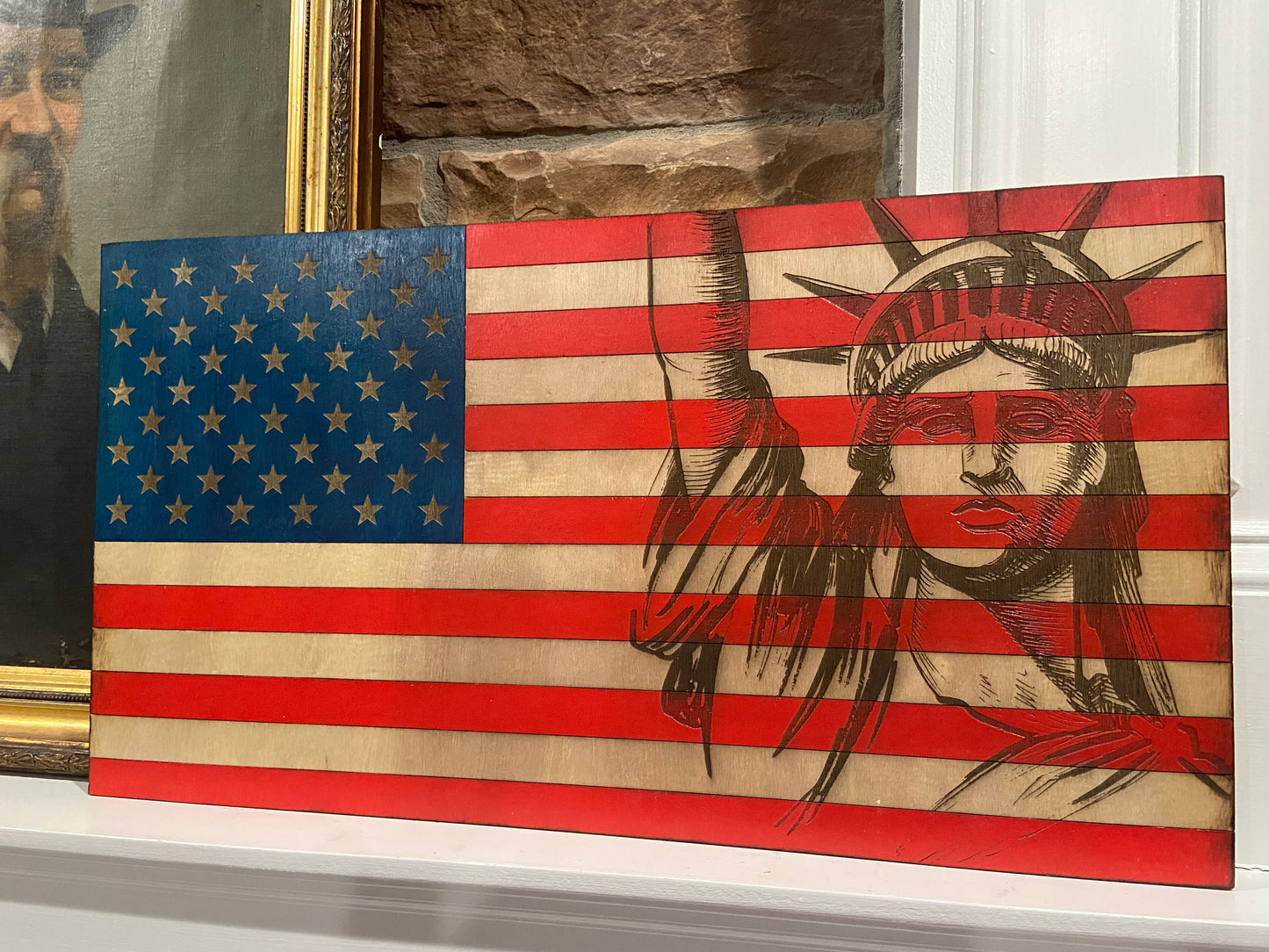 U.S. American Flag - Engraved Statue of Liberty Wooden Flag